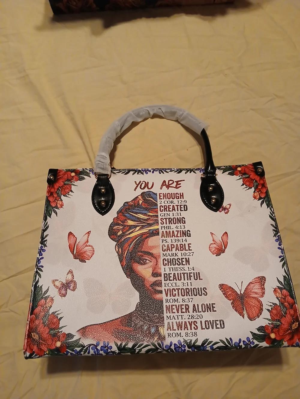 Floral Inspirational Tote Bag with Butterfly Accent - White